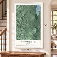 Crown Point, New York map, 24 x 36 inch print in a white frame by a staircase