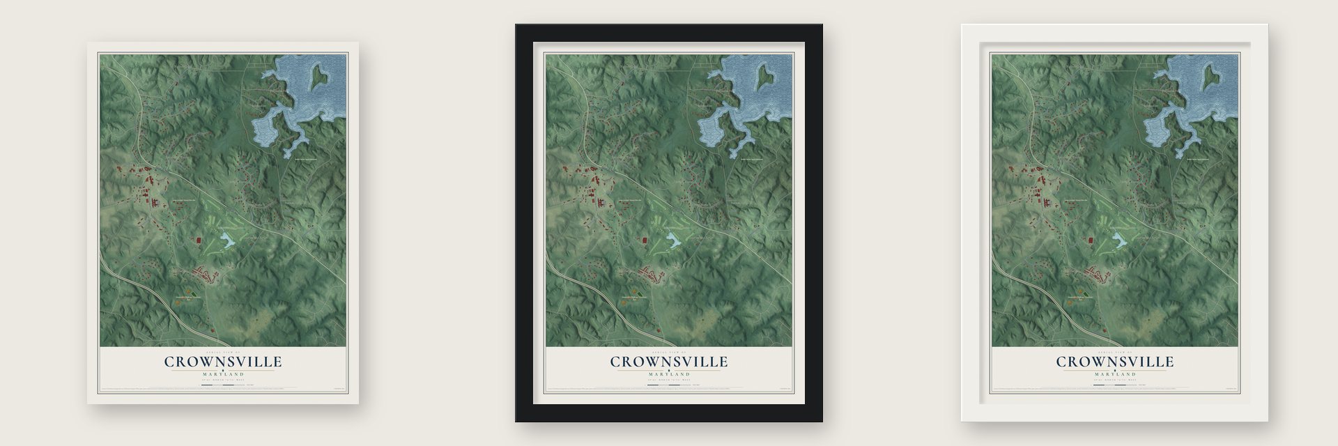 Crownsville, Maryland map unframed, in a black wood frame and in a white wood frame