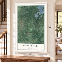 Crownsville, Maryland map, 24 x 36 inch print in a white frame by a staircase