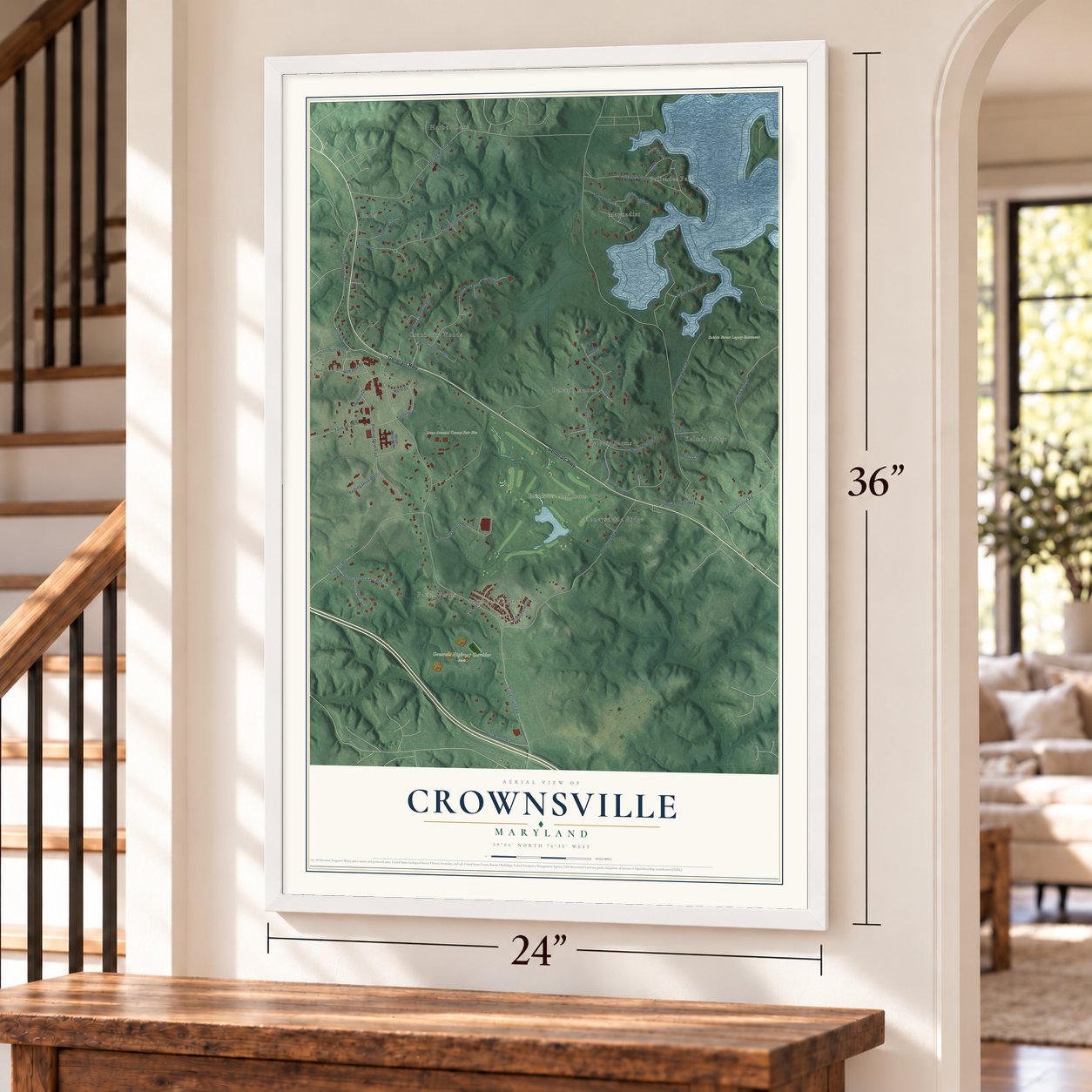 Crownsville, Maryland map, 24 x 36 inch print in a white frame by a staircase
