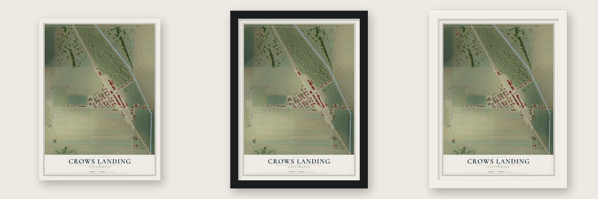 Crows Landing, California map unframed, in a black wood frame and in a white wood frame