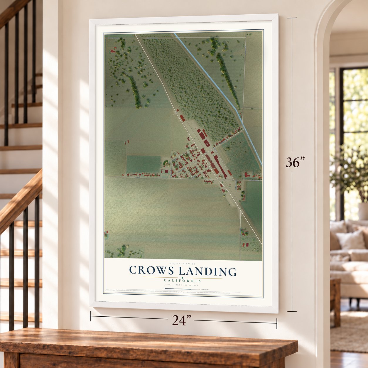 Crows Landing, California map, 24 x 36 inch print in a white frame by a staircase