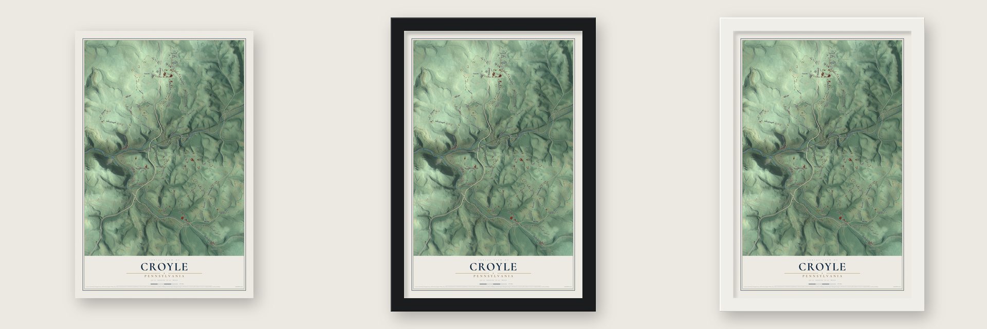 Croyle, Pennsylvania map unframed, in a black wood frame and in a white wood frame