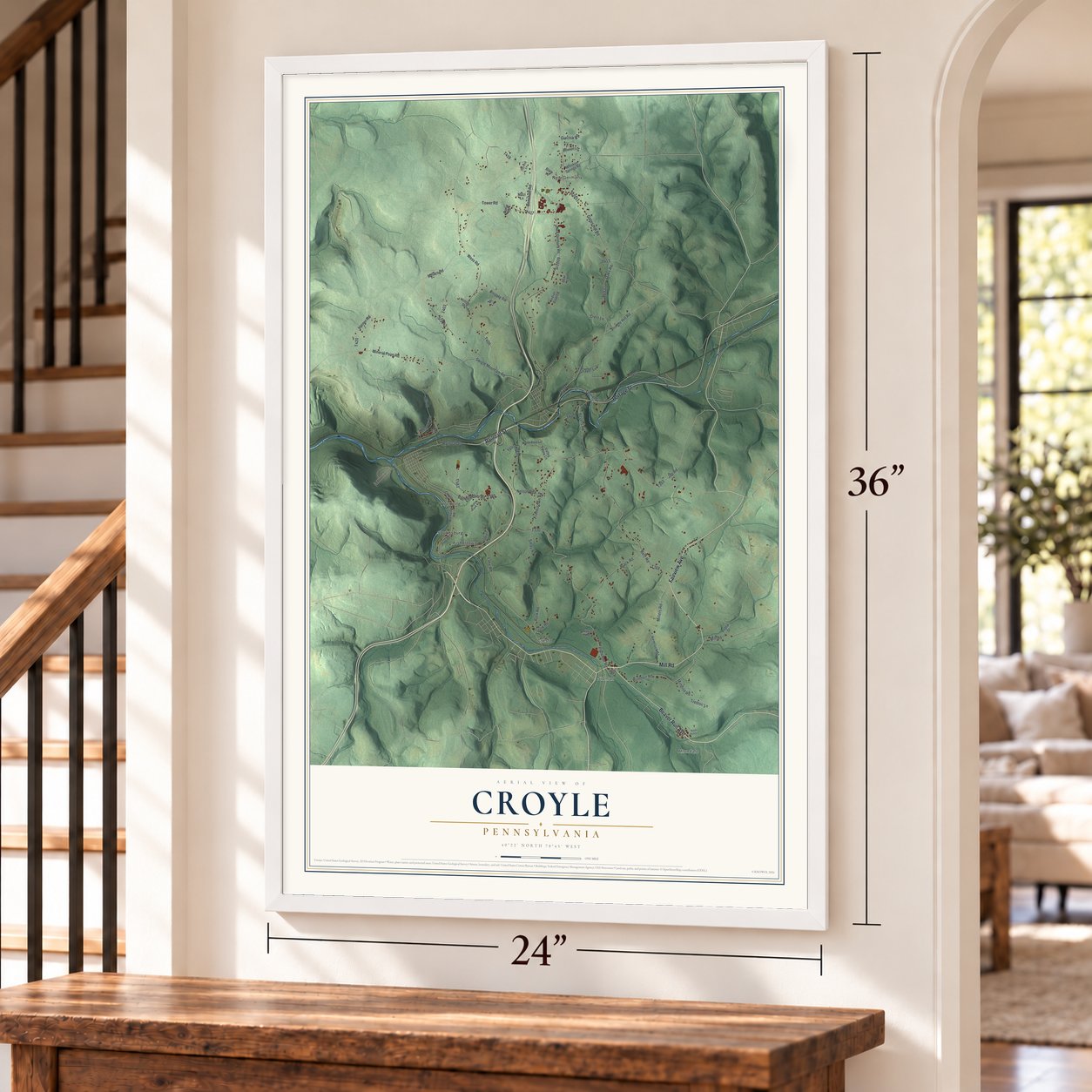 Croyle, Pennsylvania map, 24 x 36 inch print in a white frame by a staircase