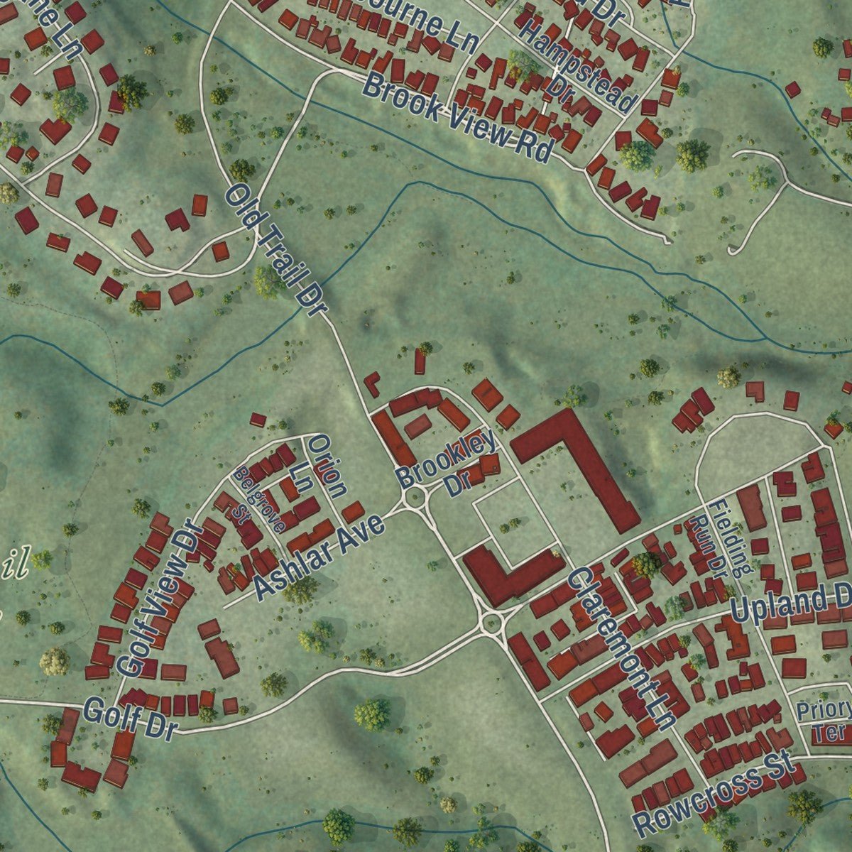 Second close-up of the map of Crozet, Virginia print showing more streets and buildings