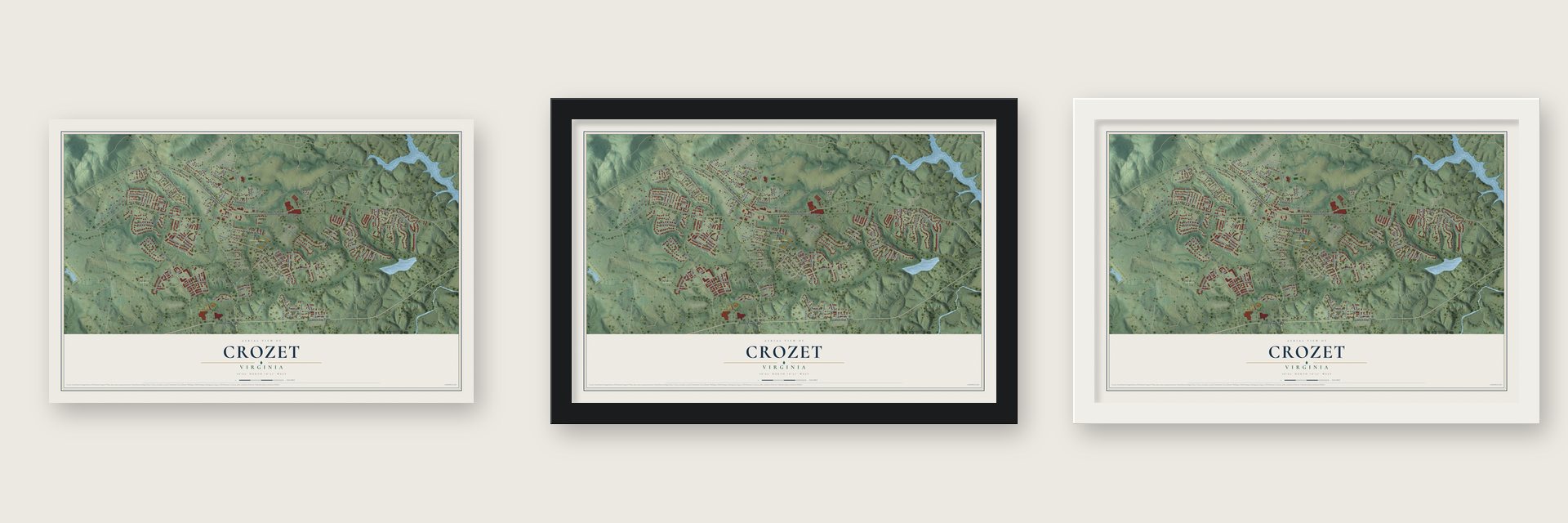 Crozet, Virginia map unframed, in a black wood frame and in a white wood frame