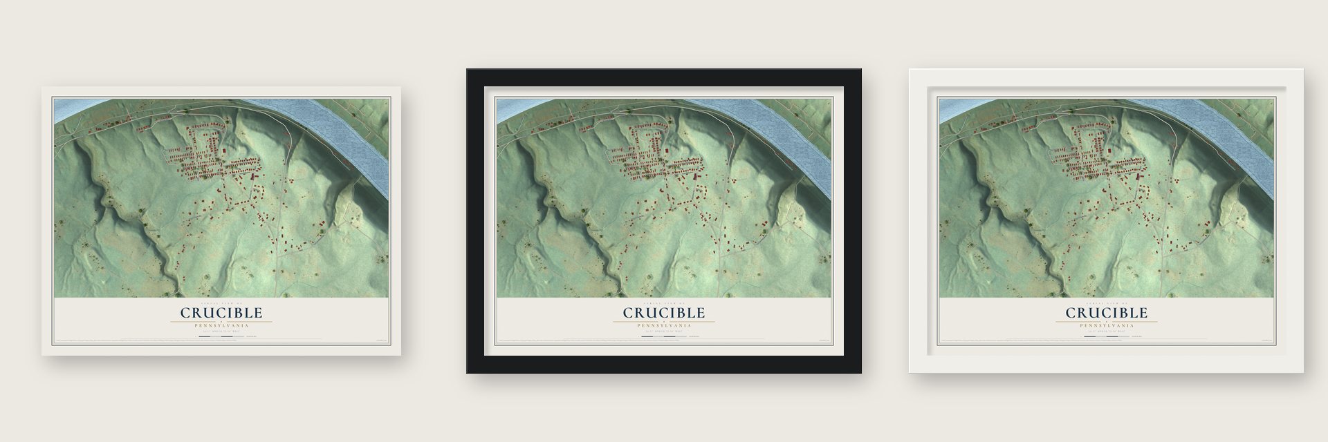 Crucible, Pennsylvania map unframed, in a black wood frame and in a white wood frame