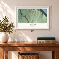 Crucible, Pennsylvania map, 12 x 18 inch print in a white frame in an entryway