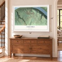 Crucible, Pennsylvania map, 24 x 36 inch print in a white frame above a dresser by a staircase