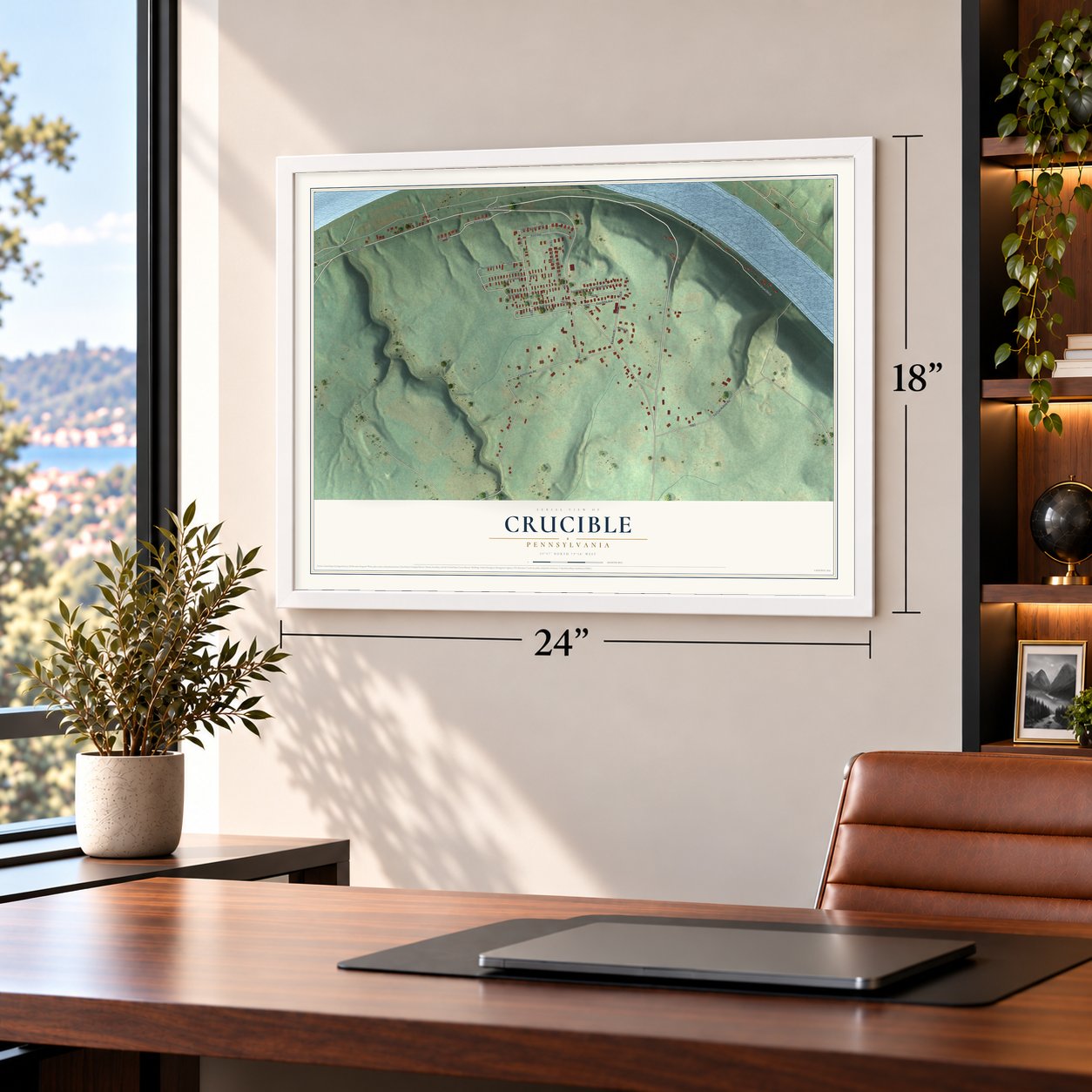 Crucible, Pennsylvania map, 18 x 24 inch print in a white frame in a home office