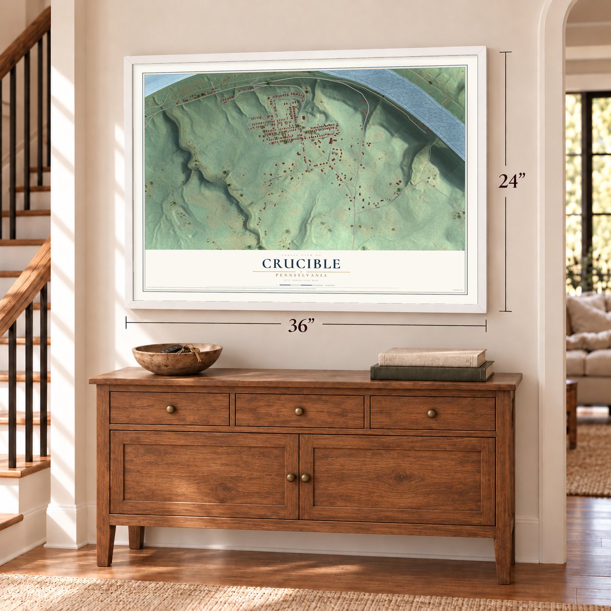 Crucible, Pennsylvania map, 24 x 36 inch print in a white frame above a dresser by a staircase