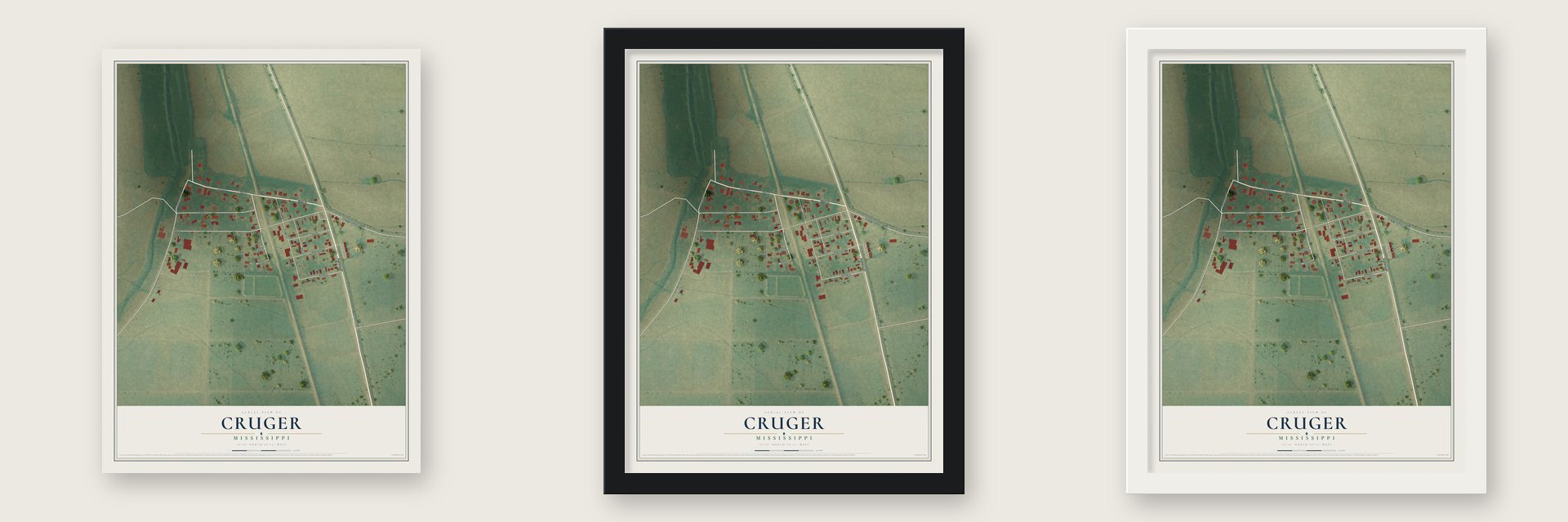 Cruger, Mississippi map unframed, in a black wood frame and in a white wood frame