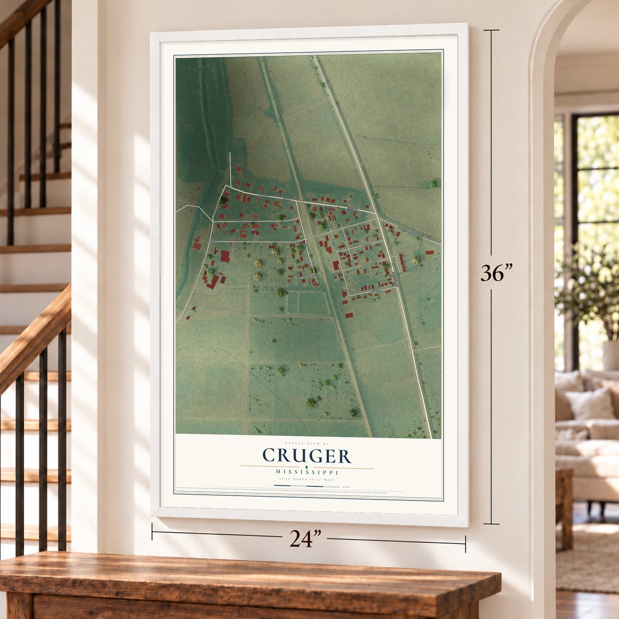 Cruger, Mississippi map, 24 x 36 inch print in a white frame by a staircase