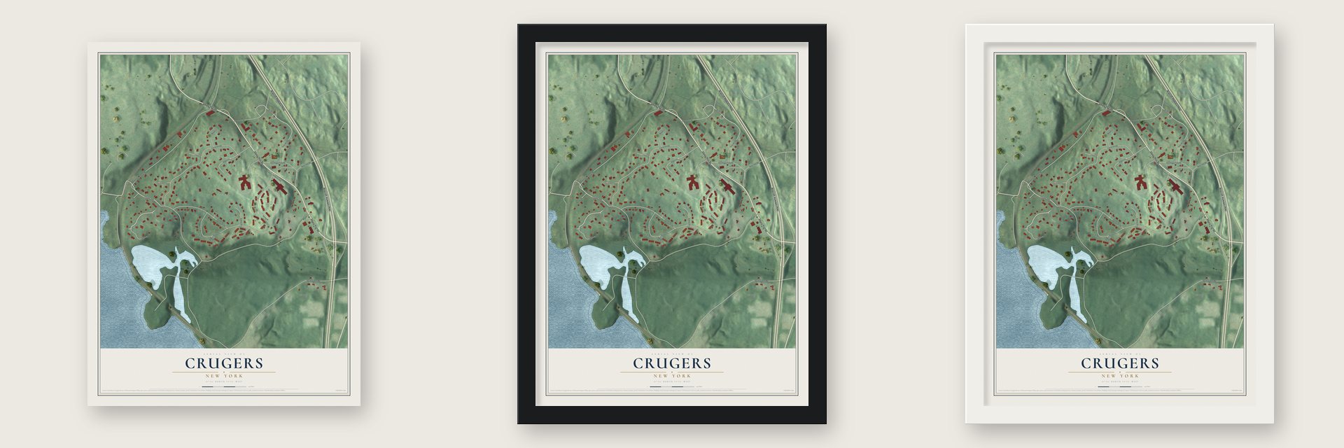 Crugers, New York map unframed, in a black wood frame and in a white wood frame