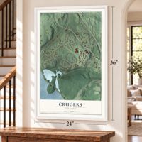 Crugers, New York map, 24 x 36 inch print in a white frame by a staircase