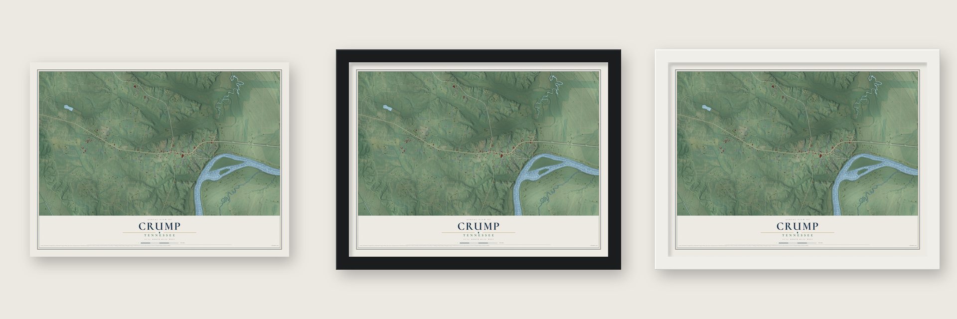 Crump, Tennessee map unframed, in a black wood frame and in a white wood frame
