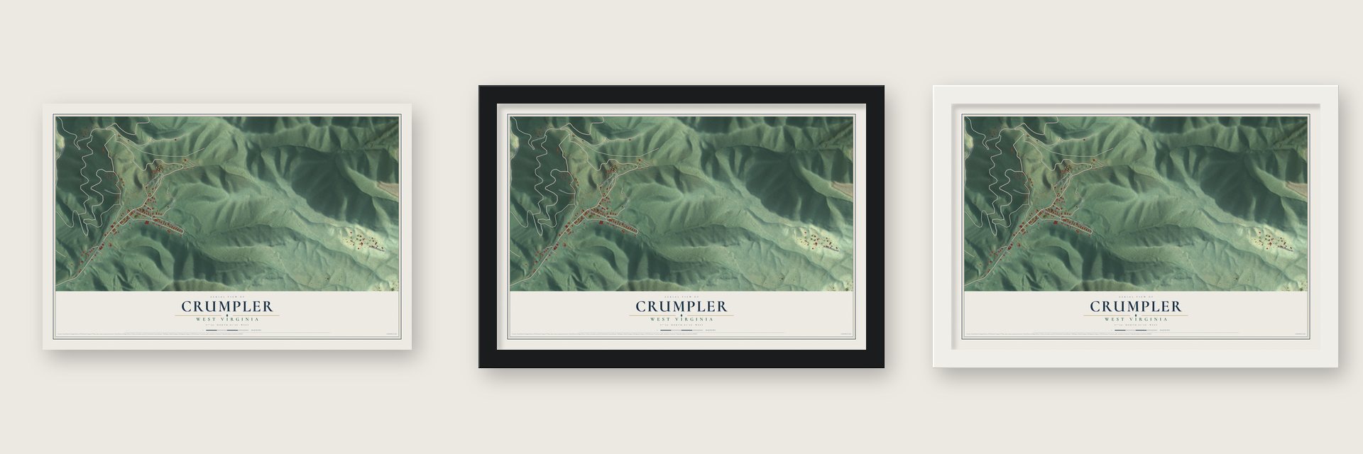 Crumpler, West Virginia map unframed, in a black wood frame and in a white wood frame