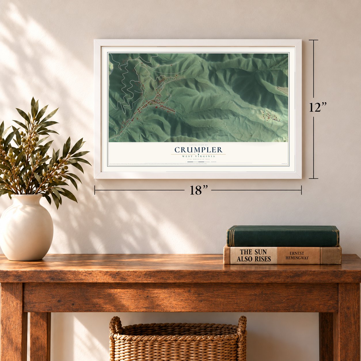 Crumpler, West Virginia map, 12 x 18 inch print in a white frame in an entryway