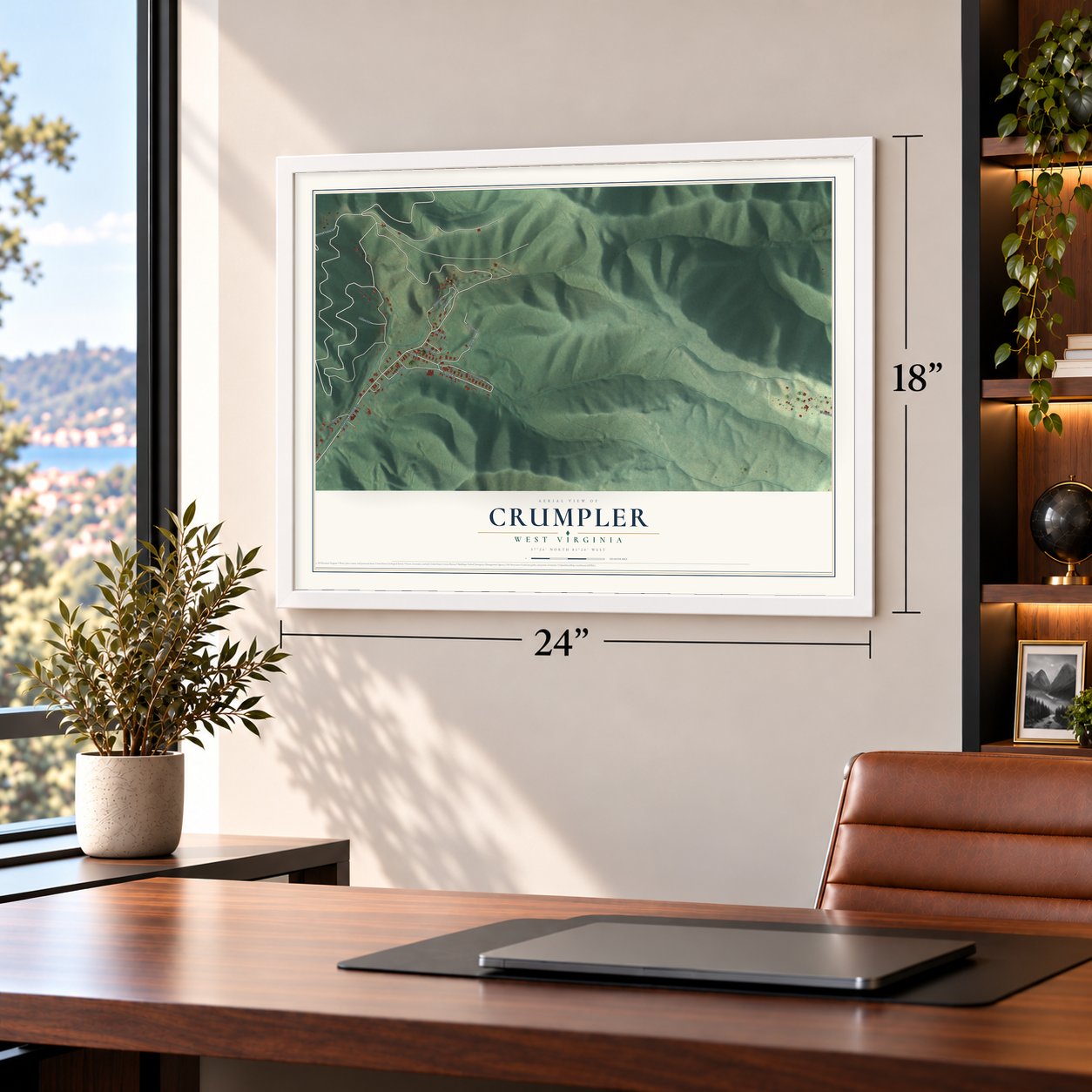 Crumpler, West Virginia map, 18 x 24 inch print in a white frame in a home office