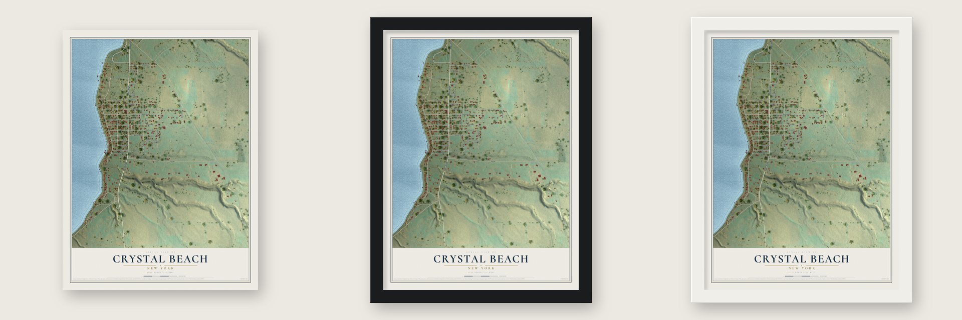 Crystal Beach, New York map unframed, in a black wood frame and in a white wood frame