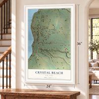 Crystal Beach, New York map, 24 x 36 inch print in a white frame by a staircase