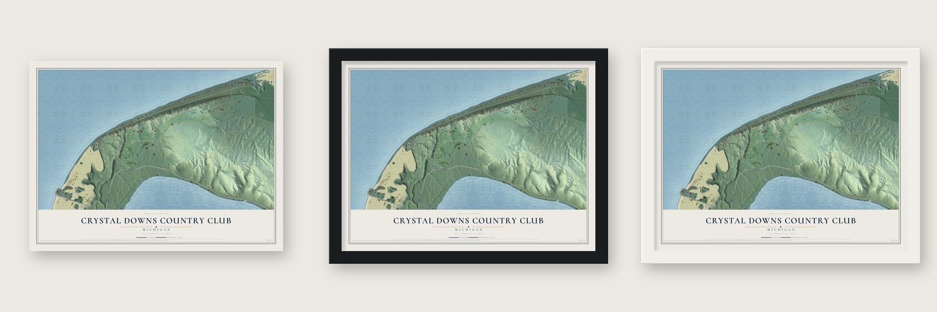 Crystal Downs Country Club, Michigan map unframed, in a black wood frame and in a white wood frame