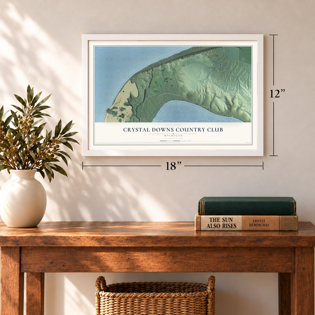 Crystal Downs Country Club, Michigan map, 12 x 18 inch print in a white frame in an entryway