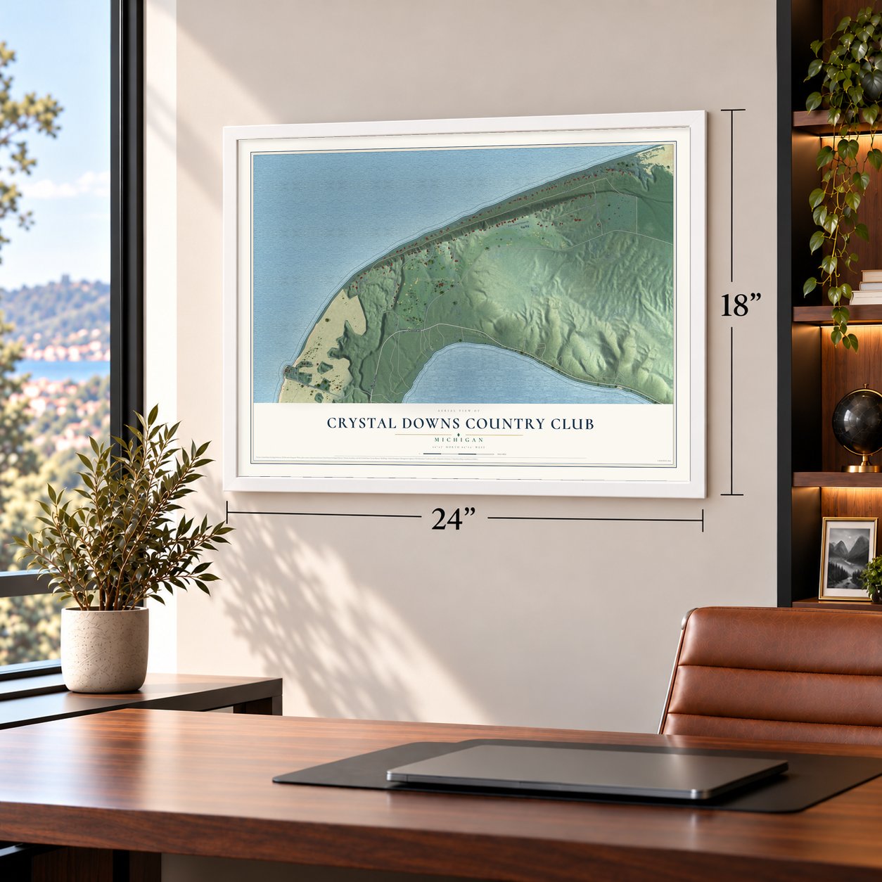 Crystal Downs Country Club, Michigan map, 18 x 24 inch print in a white frame in a home office