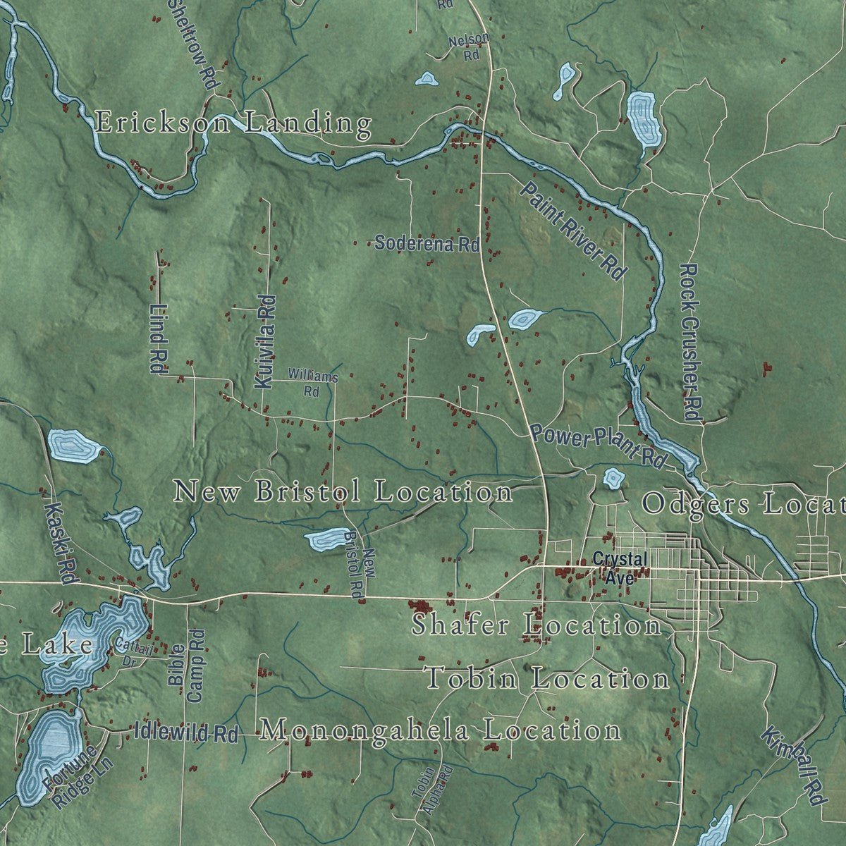 Second close-up of the map of Crystal Falls, Iron County, Michigan print showing more streets and buildings