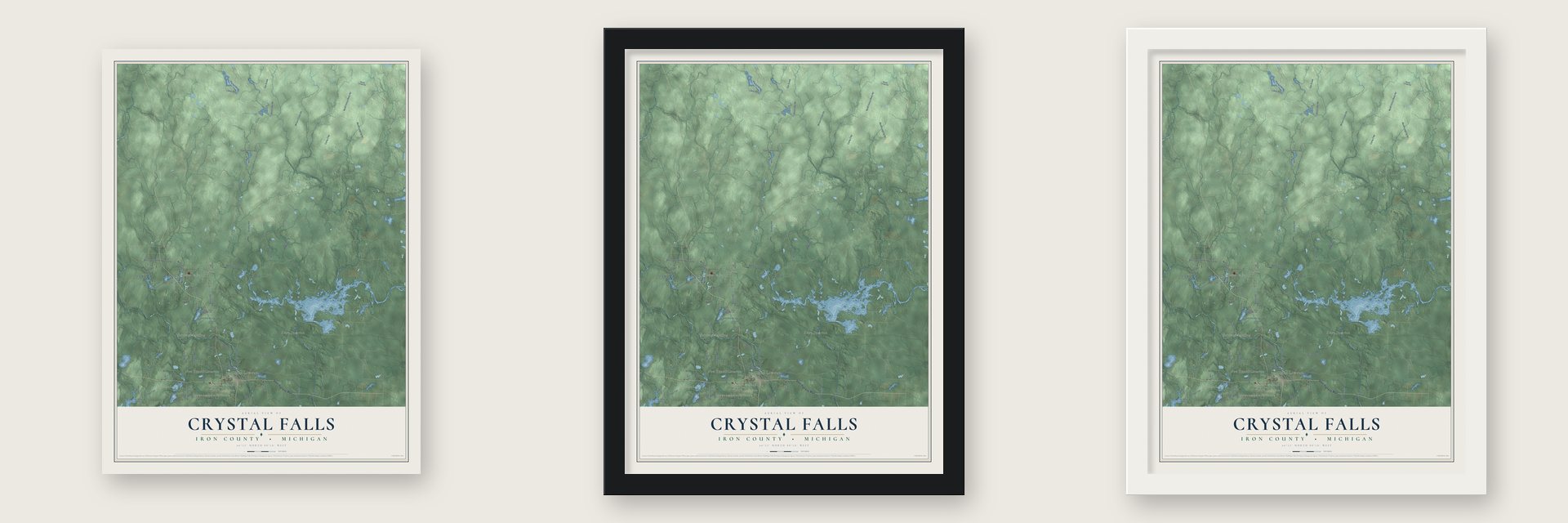 Crystal Falls, Iron County, Michigan map unframed, in a black wood frame and in a white wood frame