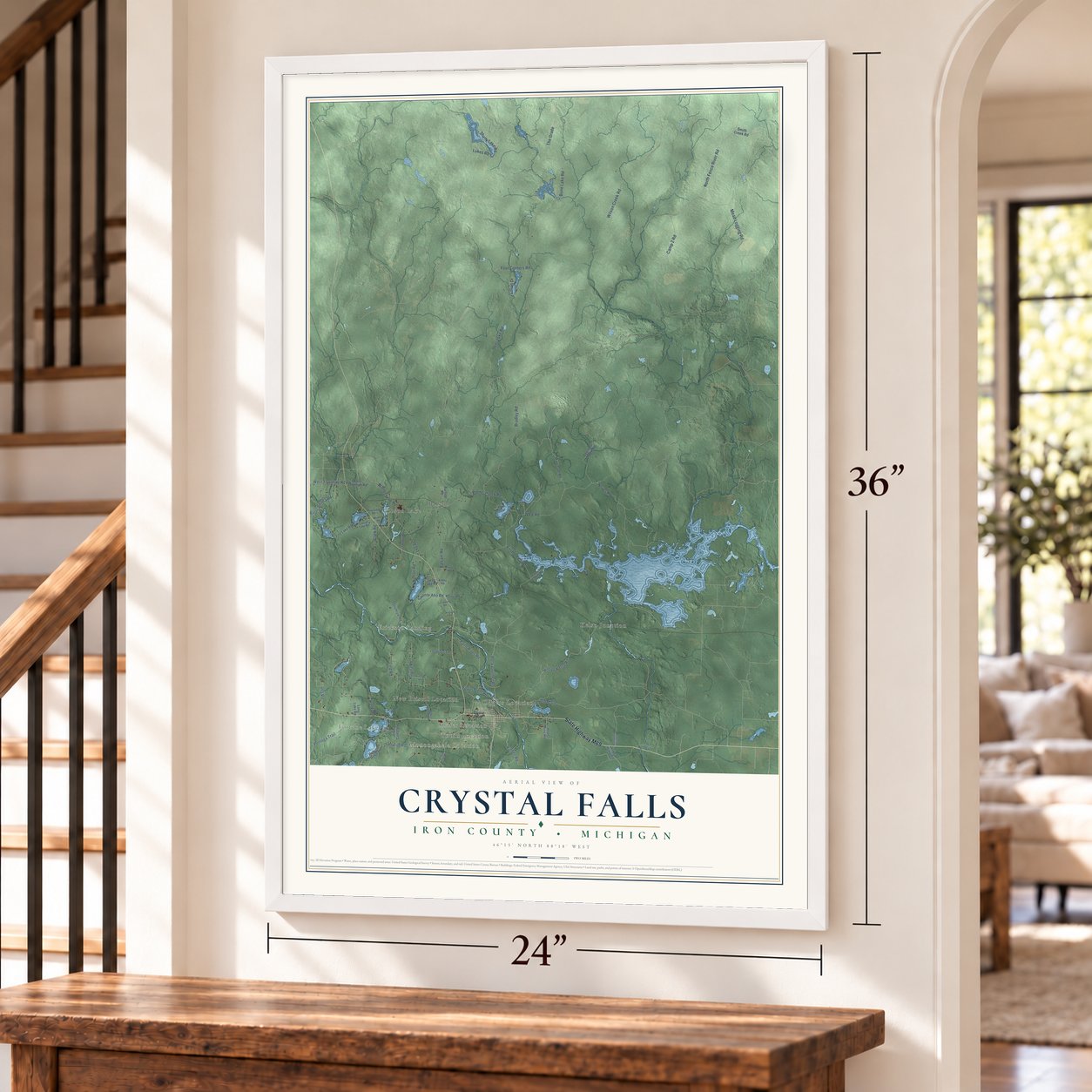 Crystal Falls, Iron County, Michigan map, 24 x 36 inch print in a white frame by a staircase