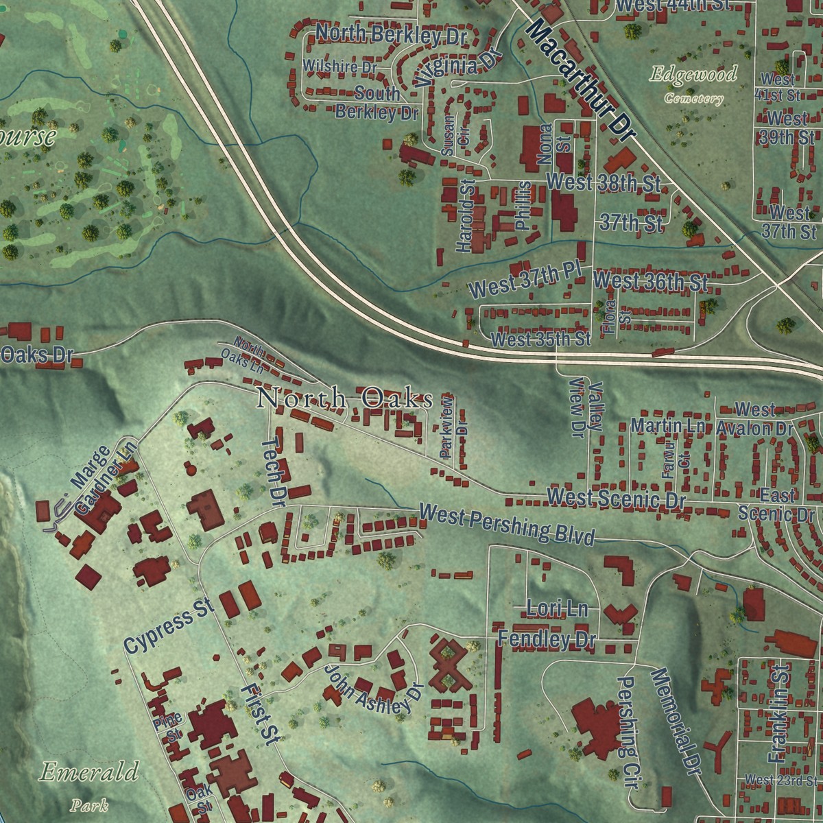 Second close-up of the map of Crystal Hill, Arkansas print showing more streets and buildings