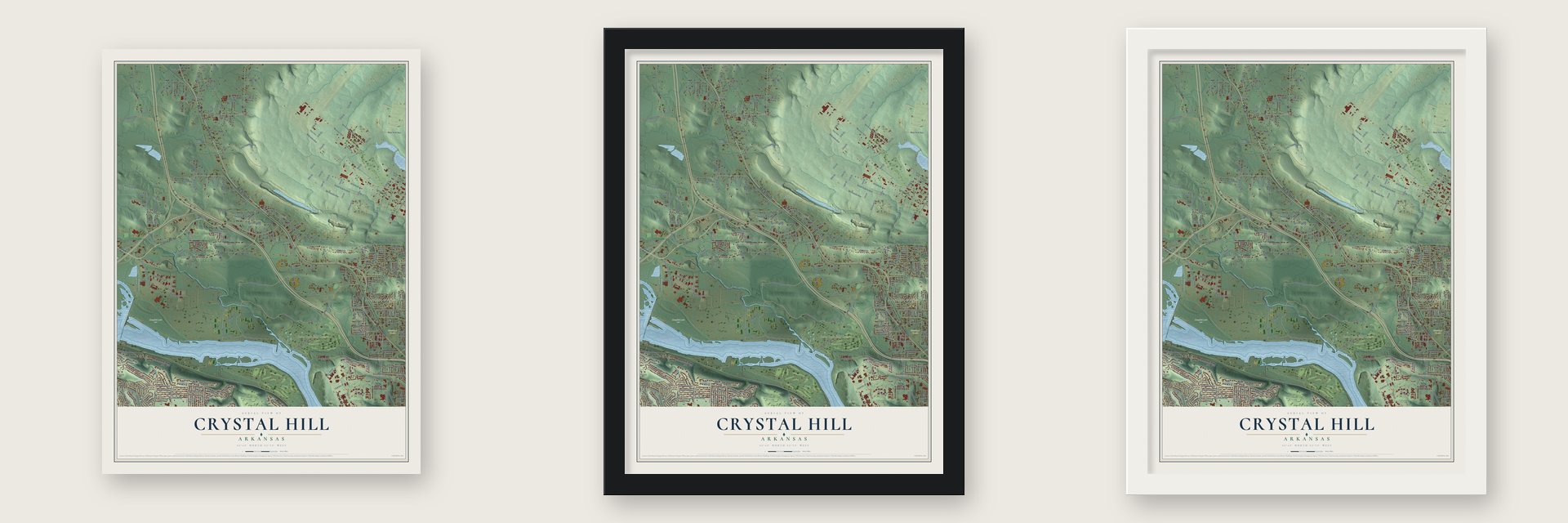 Crystal Hill, Arkansas map unframed, in a black wood frame and in a white wood frame