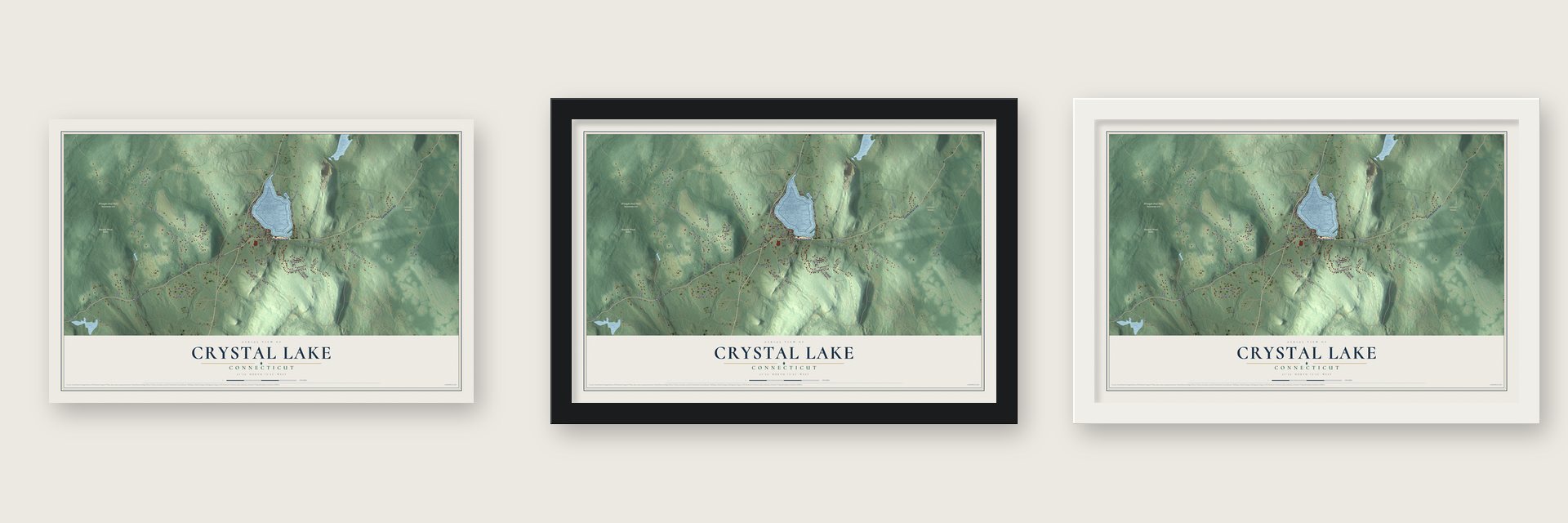 Crystal Lake, Connecticut map unframed, in a black wood frame and in a white wood frame