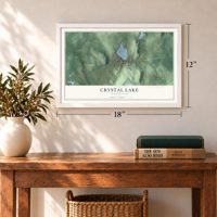 Crystal Lake, Connecticut map, 12 x 18 inch print in a white frame in an entryway