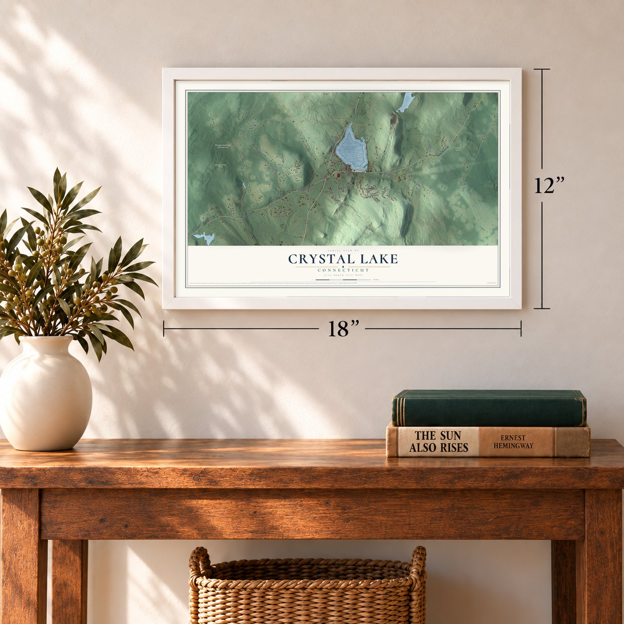 Crystal Lake, Connecticut map, 12 x 18 inch print in a white frame in an entryway