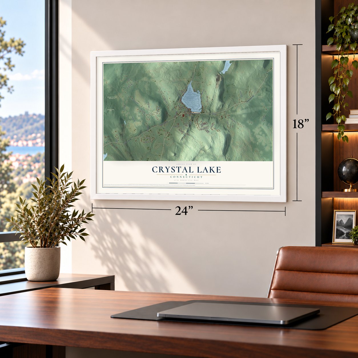 Crystal Lake, Connecticut map, 18 x 24 inch print in a white frame in a home office