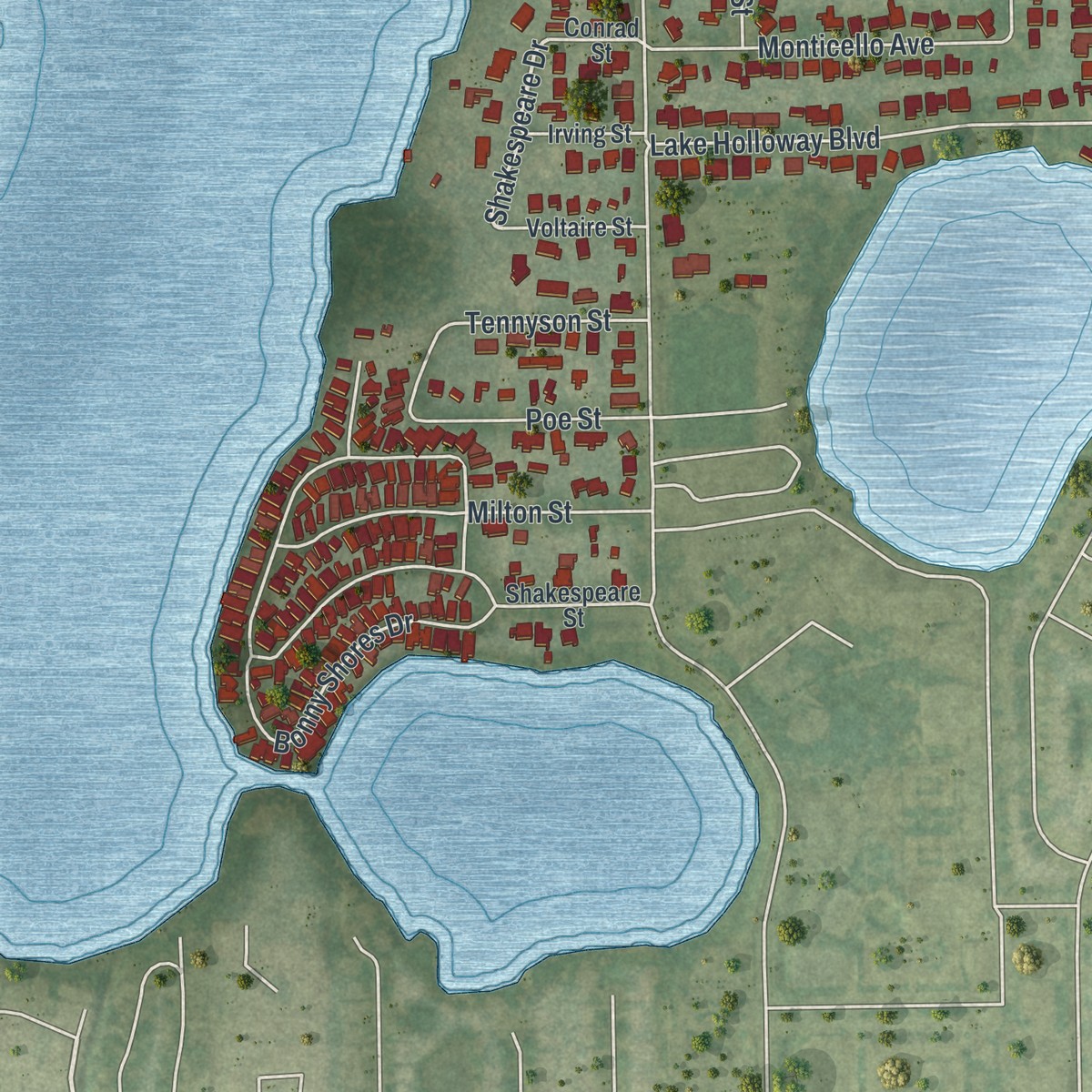 Second close-up of the map of Crystal Lake, Florida print showing more streets and buildings