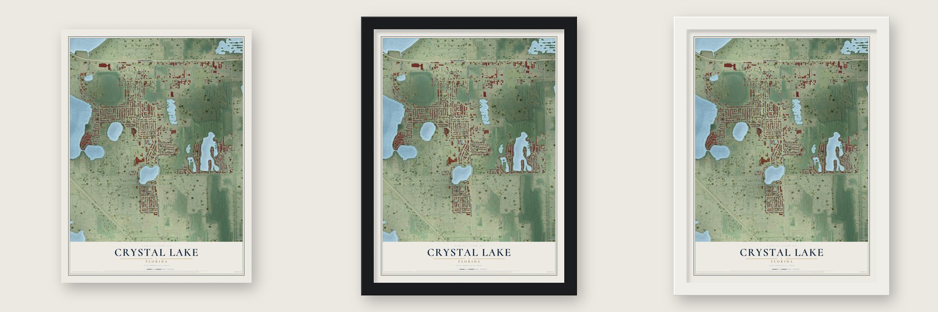 Crystal Lake, Florida map unframed, in a black wood frame and in a white wood frame