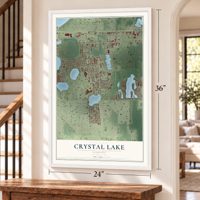 Crystal Lake, Florida map, 24 x 36 inch print in a white frame by a staircase
