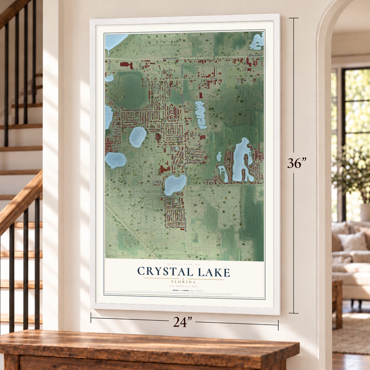 Crystal Lake, Florida map, 24 x 36 inch print in a white frame by a staircase