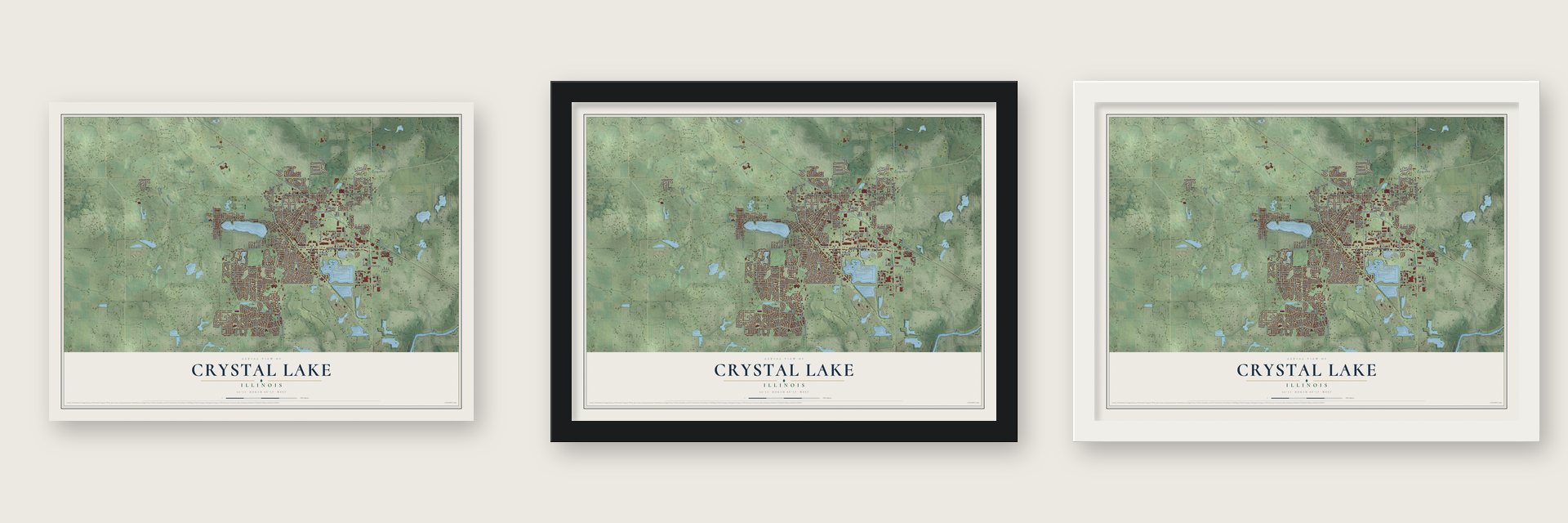 Crystal Lake, Illinois map unframed, in a black wood frame and in a white wood frame