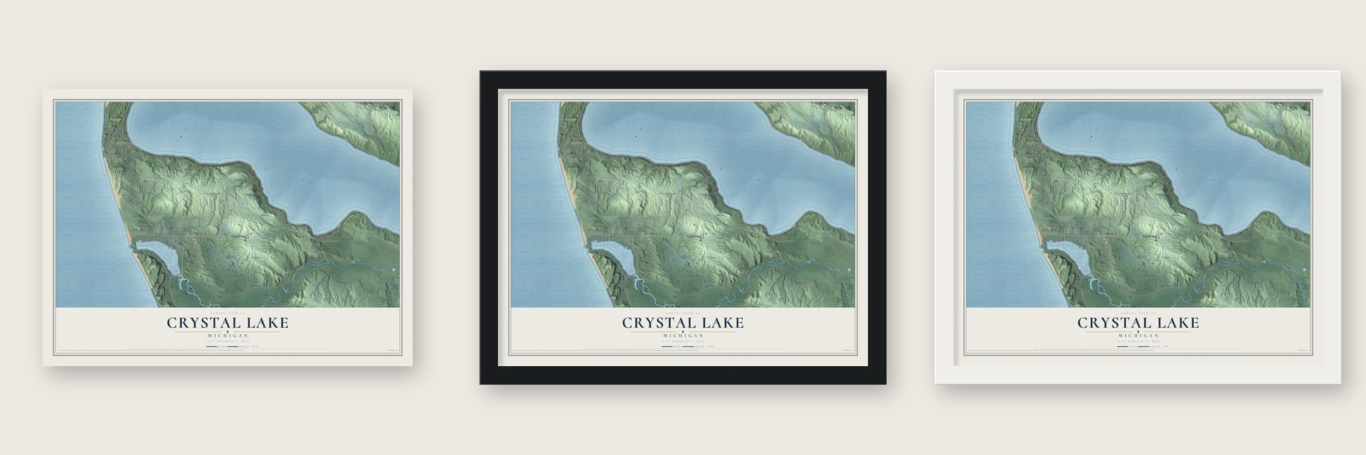 Crystal Lake, Michigan map unframed, in a black wood frame and in a white wood frame