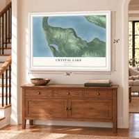 Crystal Lake, Michigan map, 24 x 36 inch print in a white frame above a dresser by a staircase