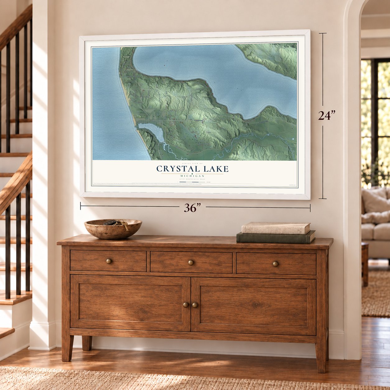 Crystal Lake, Michigan map, 24 x 36 inch print in a white frame above a dresser by a staircase