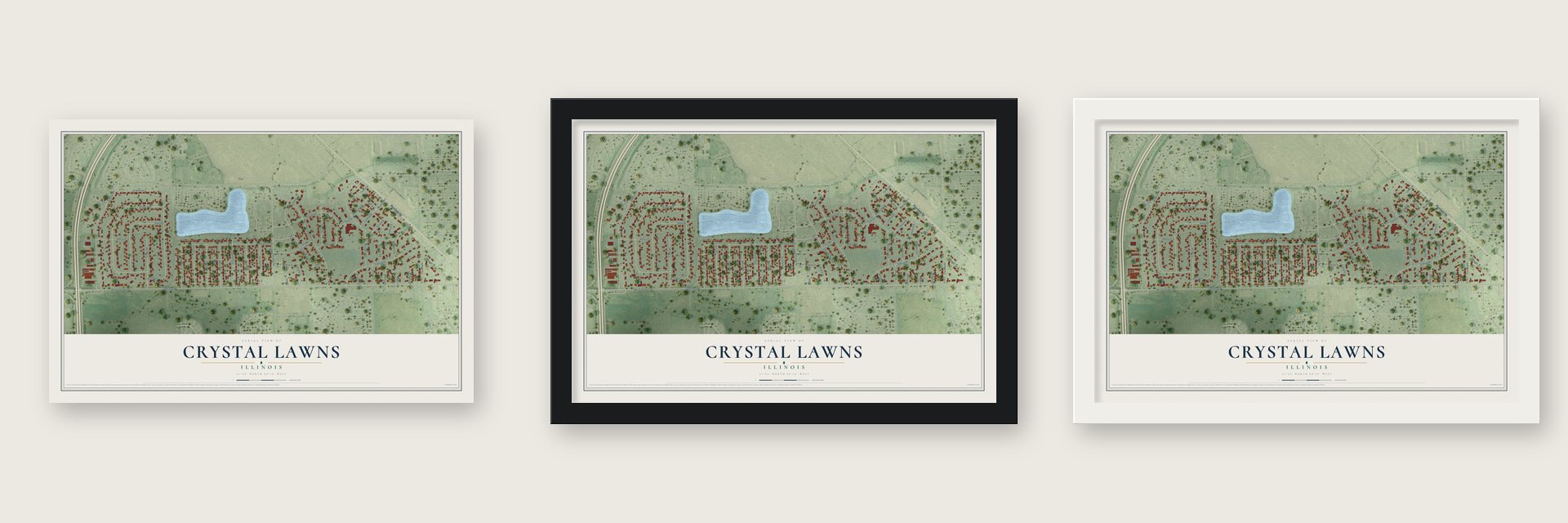 Crystal Lawns, Illinois map unframed, in a black wood frame and in a white wood frame