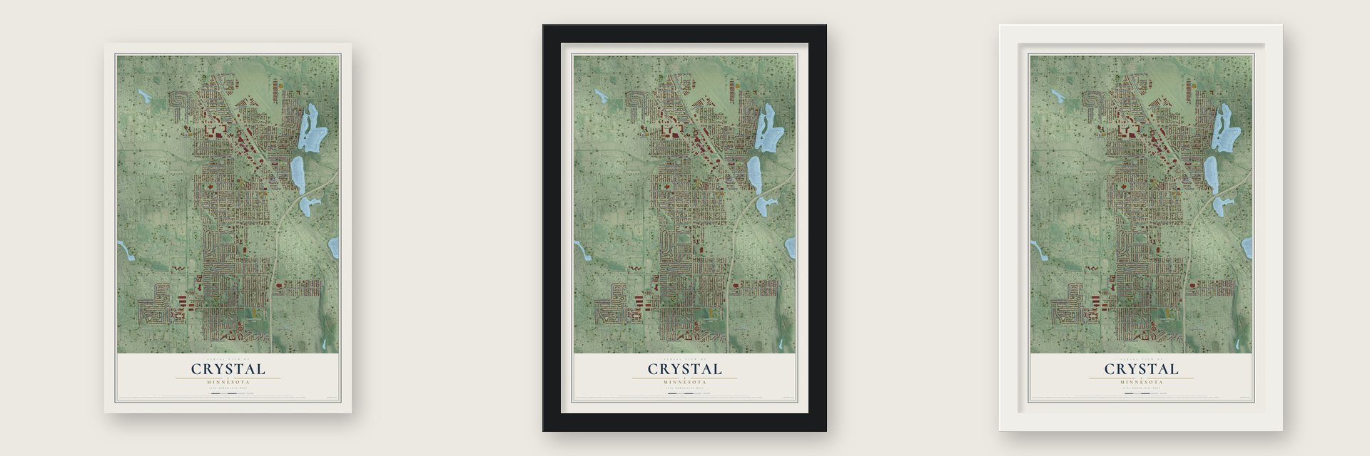 Crystal, Minnesota map unframed, in a black wood frame and in a white wood frame