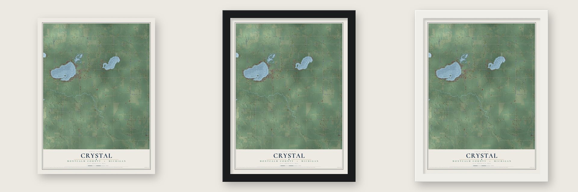 Crystal, Montcalm County, Michigan map unframed, in a black wood frame and in a white wood frame