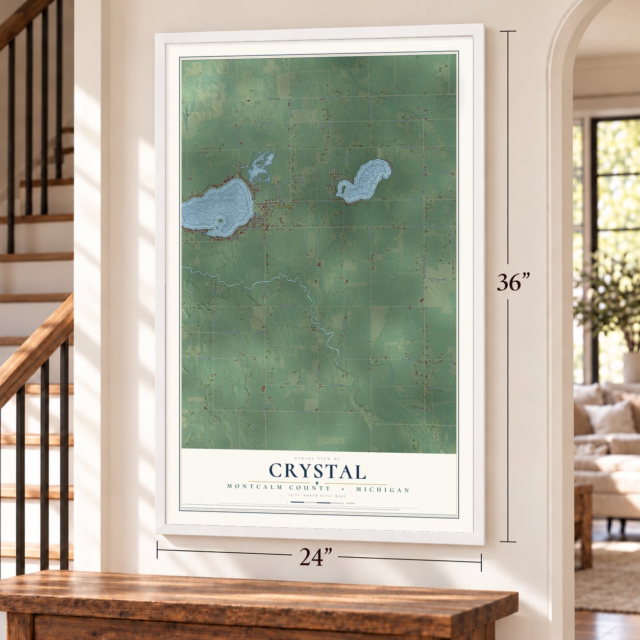 Crystal, Montcalm County, Michigan map, 24 x 36 inch print in a white frame by a staircase