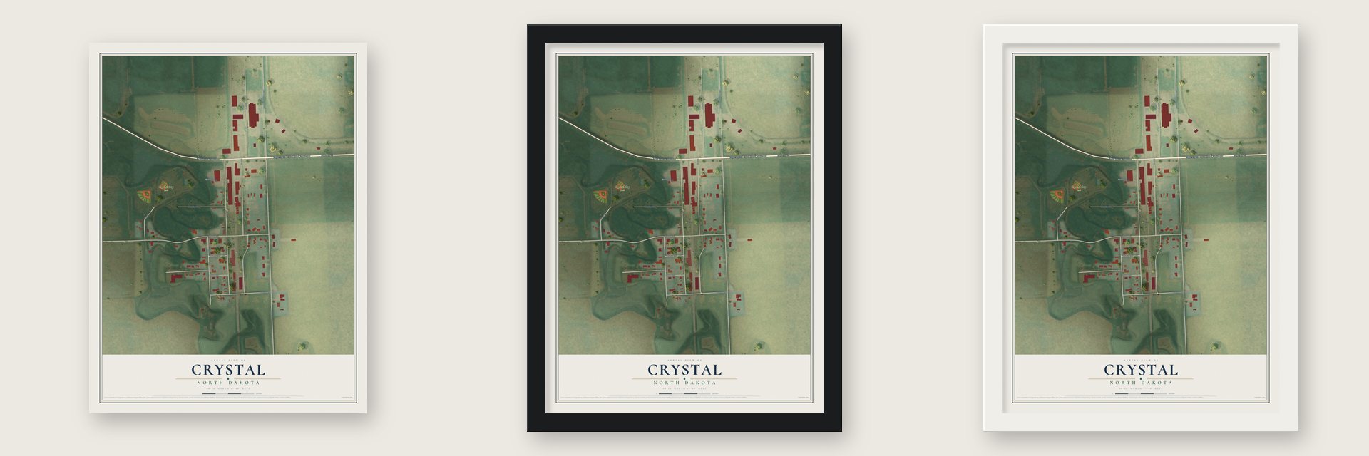 Crystal, North Dakota map unframed, in a black wood frame and in a white wood frame